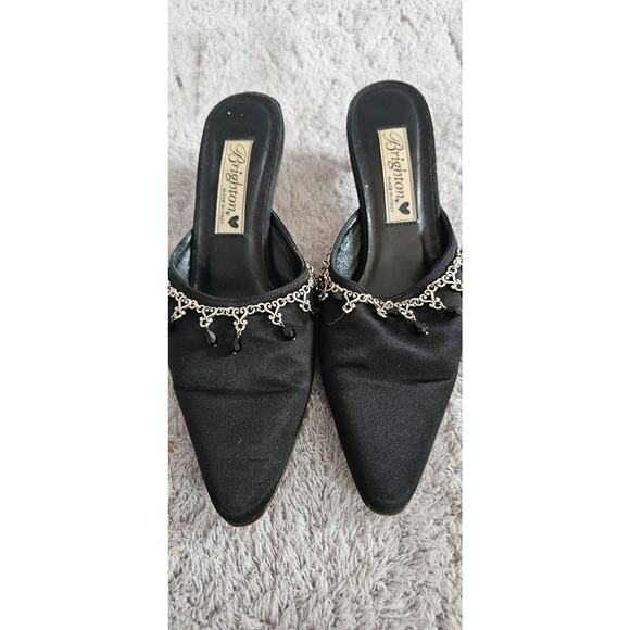 BRIGHTON ZIZI‎ US 6M Black Satin Jeweled Pointy Toe Medium Heel Mule Shoe ITALY - Picture 2 of 6